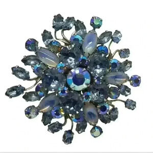 Vintage Blue Brooch Rhinestone & Moonstone Beau Judy Lee Spray Large Statement